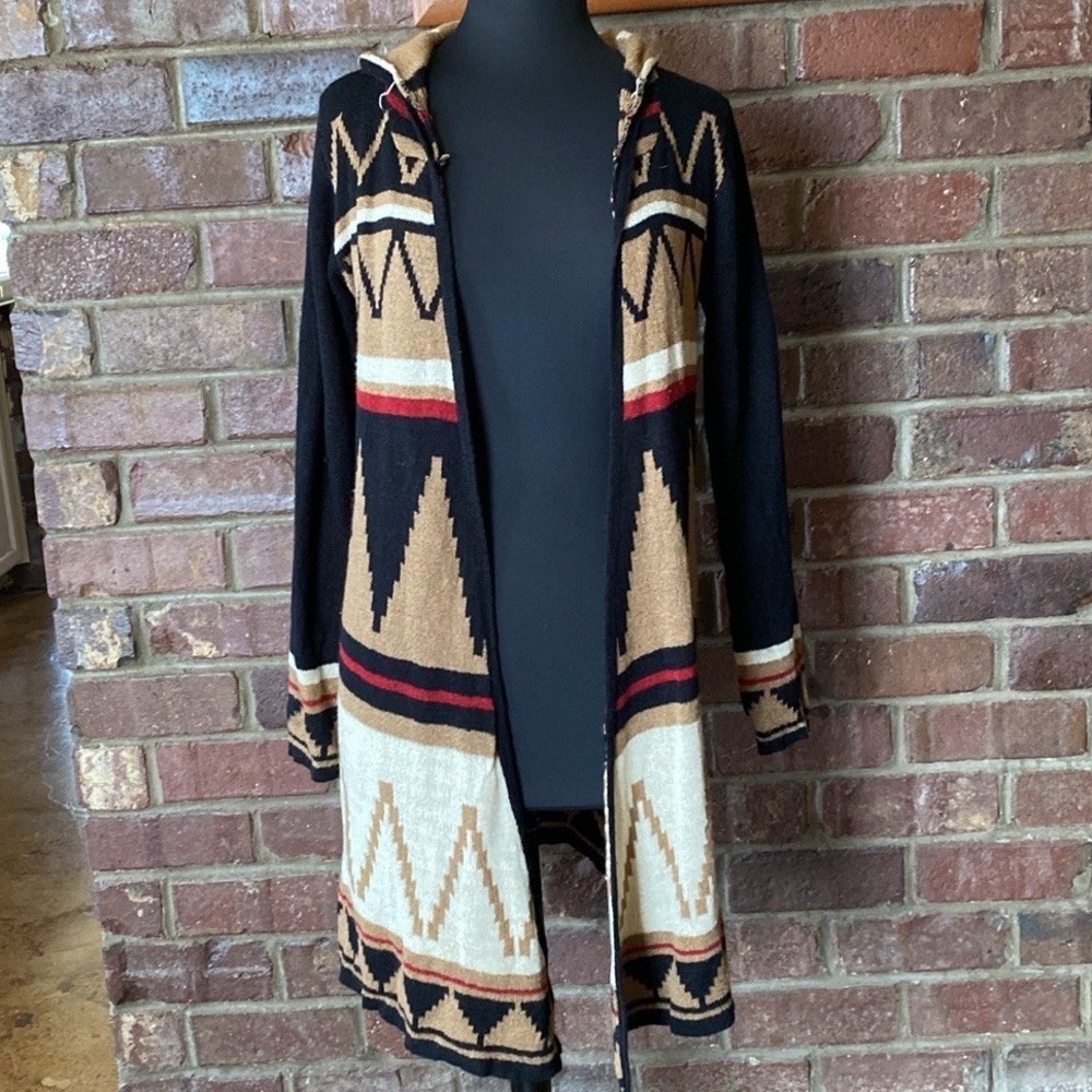 Staccato acrylic black and tan Aztec print hooded open front long cardigan